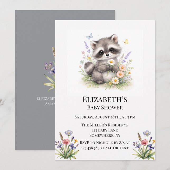 Convites Cute Forest Baby Raccoon Baby Shower (Frente/Verso)