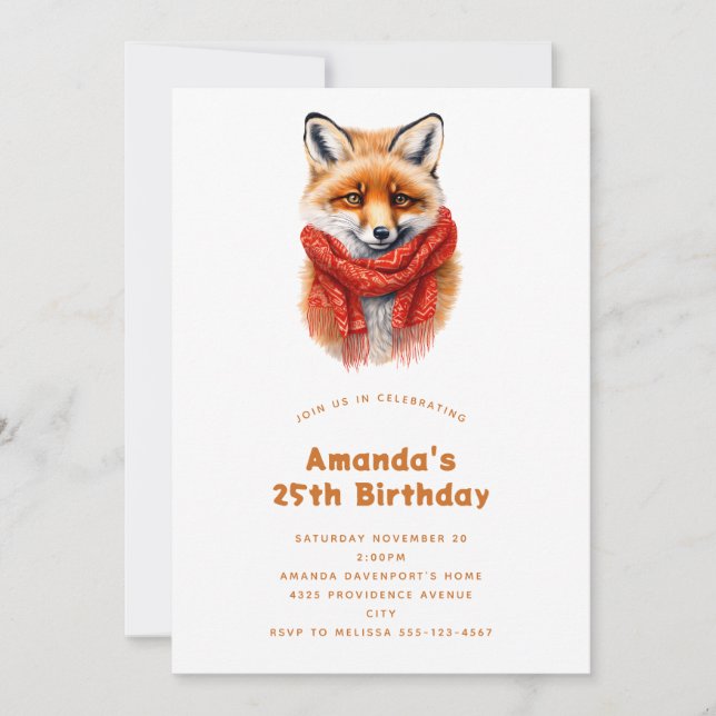 Convites Cute Fox in a Red Scarf Autumn Image Birthday (Frente)
