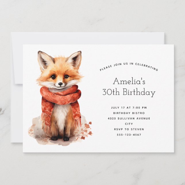 Convites Cute Fox Pup in a Red Scarf Birthday (Frente)