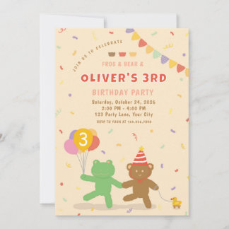 Convites Cute Frog & Bear Birthday Party Invitation