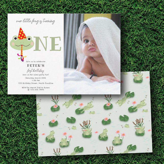 Convites Cute Frog Party Hat Kids First 1st Birthday Photo (Cute Frog Party Hat Kids First 1st Birthday Photo Invitation)
