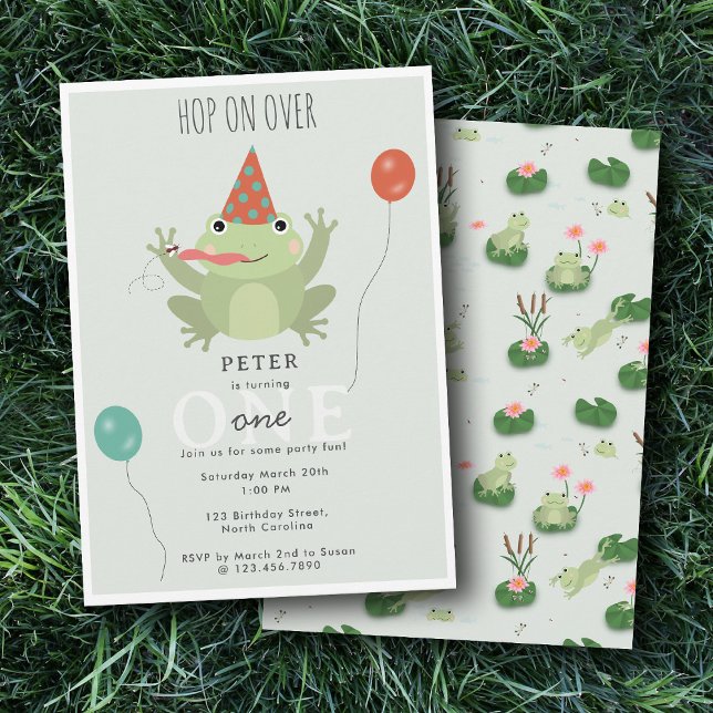 Convites Cute Frogs in Lily Pond Hop On Over Kids Birthday (Cute Frogs in Lily Pond Hop On Over Kids Birthday Invitation)