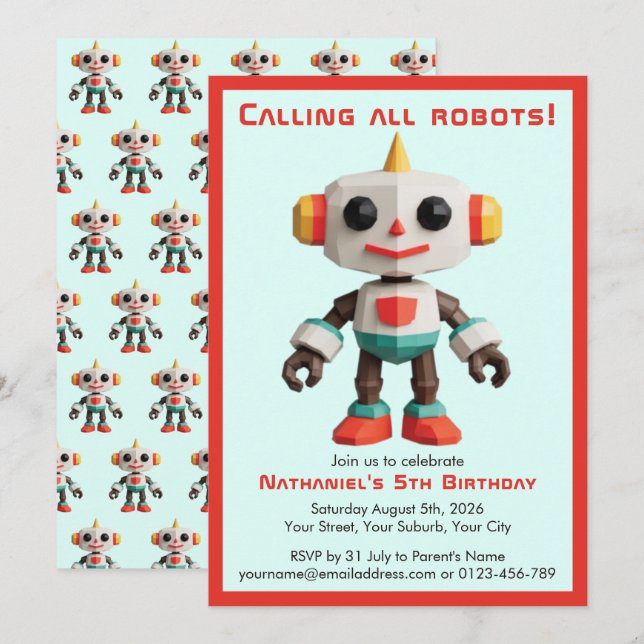 Convites Cute Fun Robot Kid's Birthday (Frente/Verso)