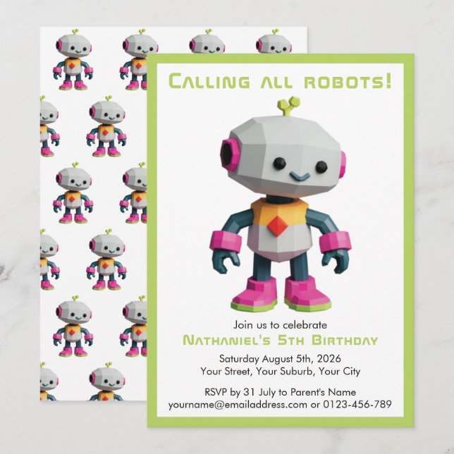 Convites Cute Fun Robot Kid's Birthday (Frente/Verso)