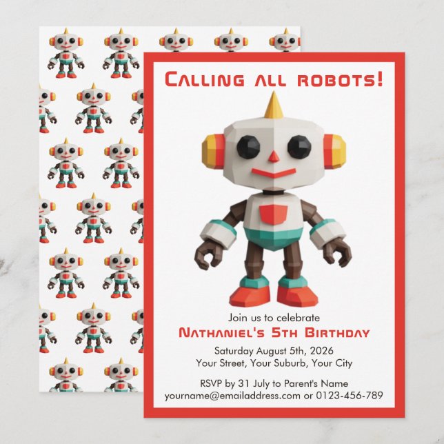 Convites Cute Fun Robot Kid's Birthday (Frente/Verso)