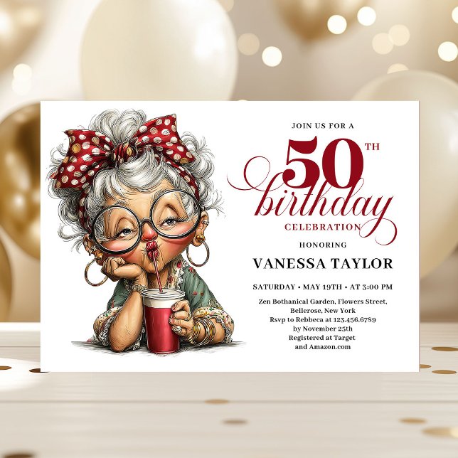 Convites Cute Funny Lady 50th Birthday Cartoon Humor Invite (Cute Funny Lady 50th Birthday Cartoon Humor Invite)