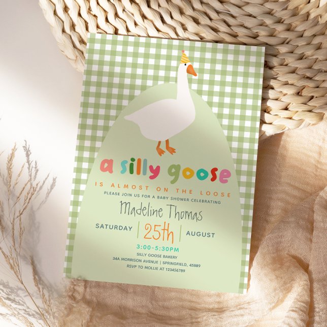 Convites Cute Gingham Neutral Silly Goose Baby Shower  (Criador carregado)