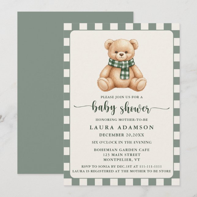 Convites Cute Gingham Plaid Teddy Bear Winter Baby Shower (Frente/Verso)