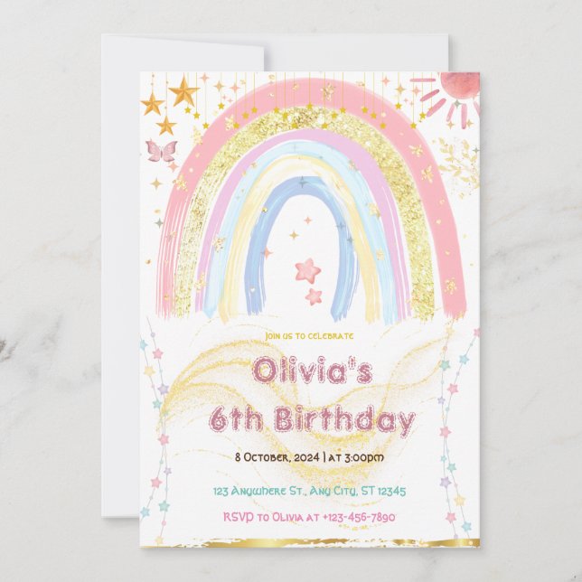 Convites Cute Girl Abstract Rainbow Any Age Birthday (Frente)