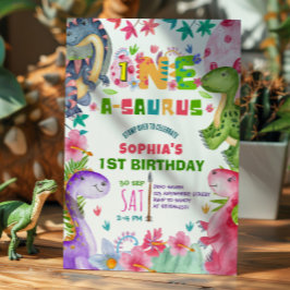 Convites Cute Girl Dinosaur 1st Birthday Invitation