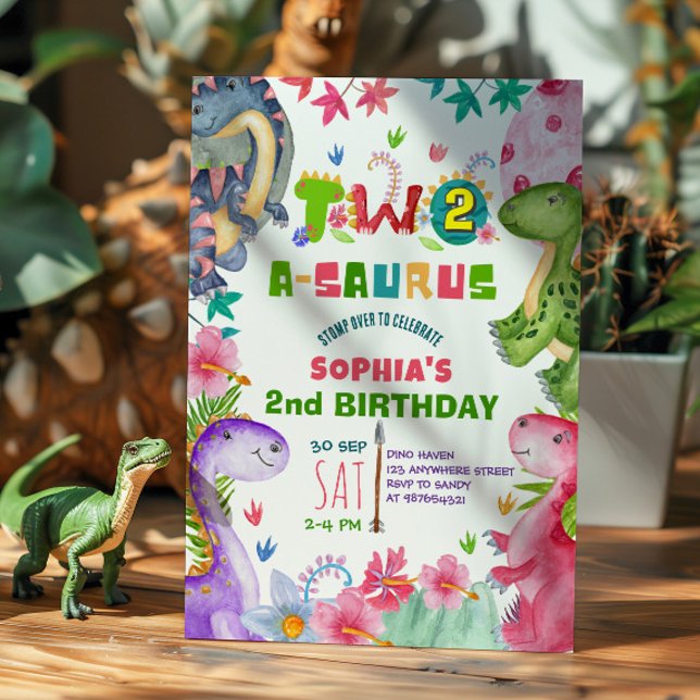 Convites Cute Girl Dinosaur 2nd Birthday Invitation (Criador carregado)