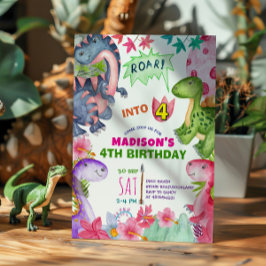 Convites Cute Girl Dinosaur 4th Birthday Invitation