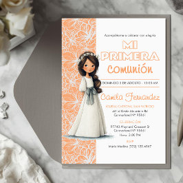 Convites Cute Girl Peach Background Spanish First Communion