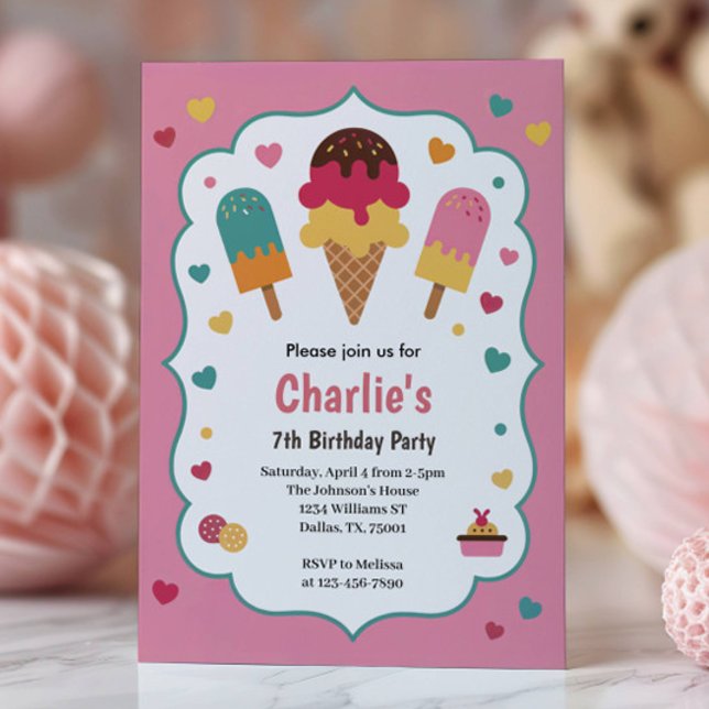 Convites Cute Girls Ice Cream 7th Birthday Party (Criador carregado)