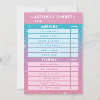 Convites Cute Girly Pink Blue Glitter Kids Daily Chores 