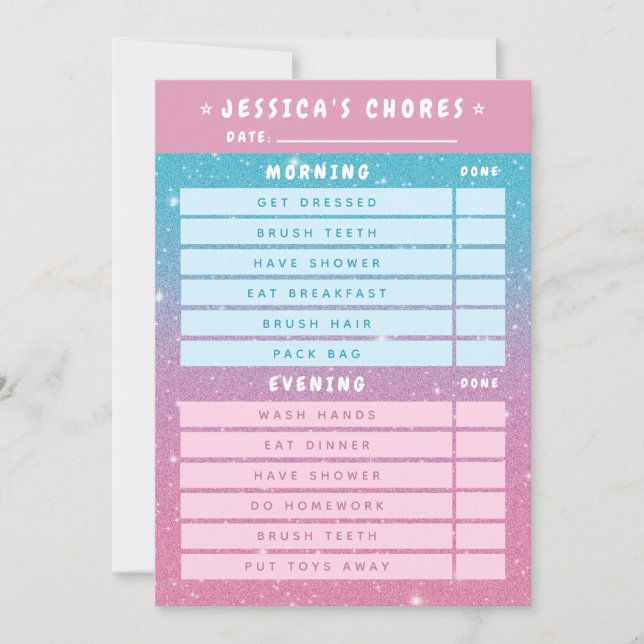 Convites Cute Girly Pink Blue Glitter Kids Daily Chores  (Frente)