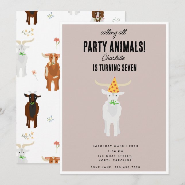 Convites Cute Goats Farm Party Animals Goat Birthday Theme (Frente/Verso)