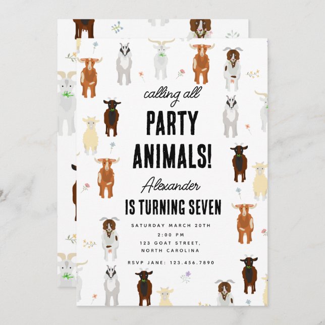 Convites Cute Goats Farm Party Animals Goat Birthday Theme (Frente/Verso)