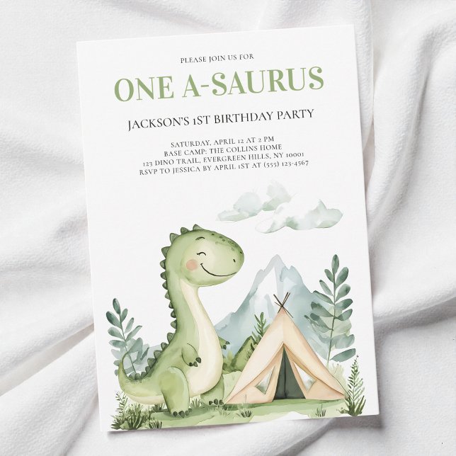 Convites Cute Green Watercolor Dinosaur 1st Birthday Party (Cute Green Watercolor Dinosaur 1st Birthday Party Invitation)
