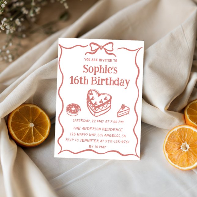 Convites Cute Hand-Drawn Sweets & Ribbon Sweet 16 Birthday (Criador carregado)
