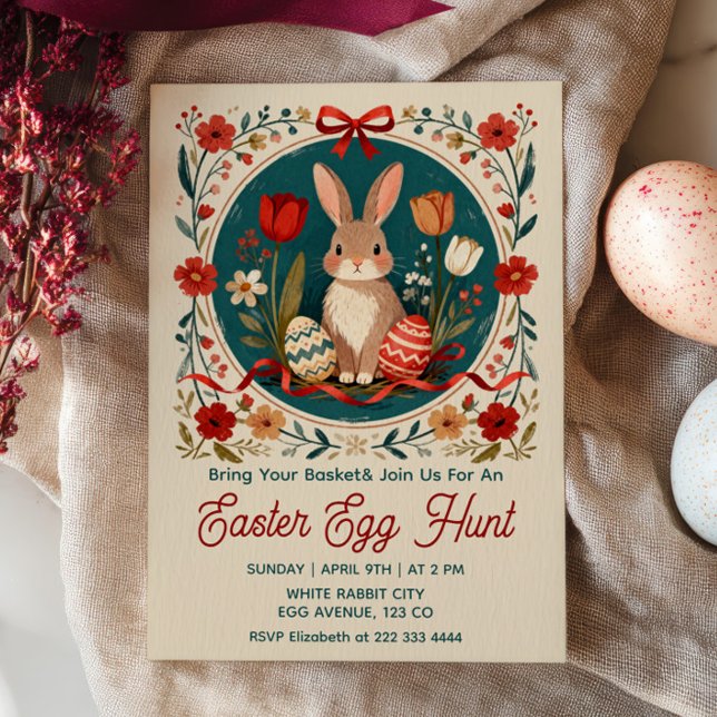 Convites Cute Hare with Eggs Floral Easter Egg Hunt  (Criador carregado)