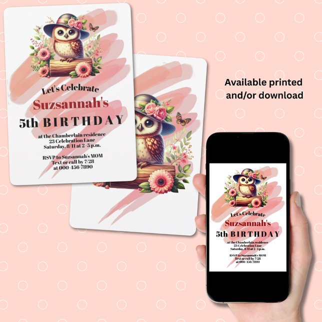 Convites Cute Hat Vestindo Coruja Em Um Log Personalizado (print and downloadable template invitation)