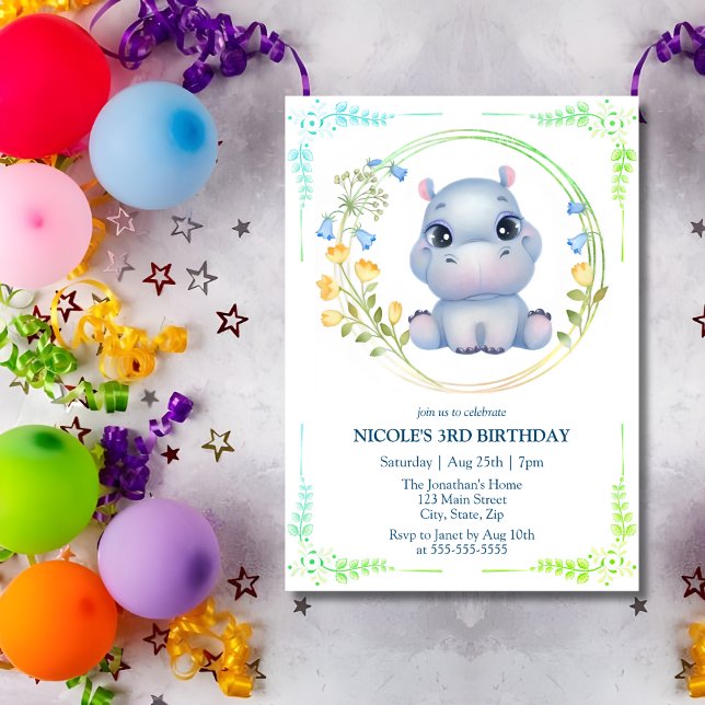 Convites Cute Hippopotamus Flower aniversário de 3 anos (Criador carregado)