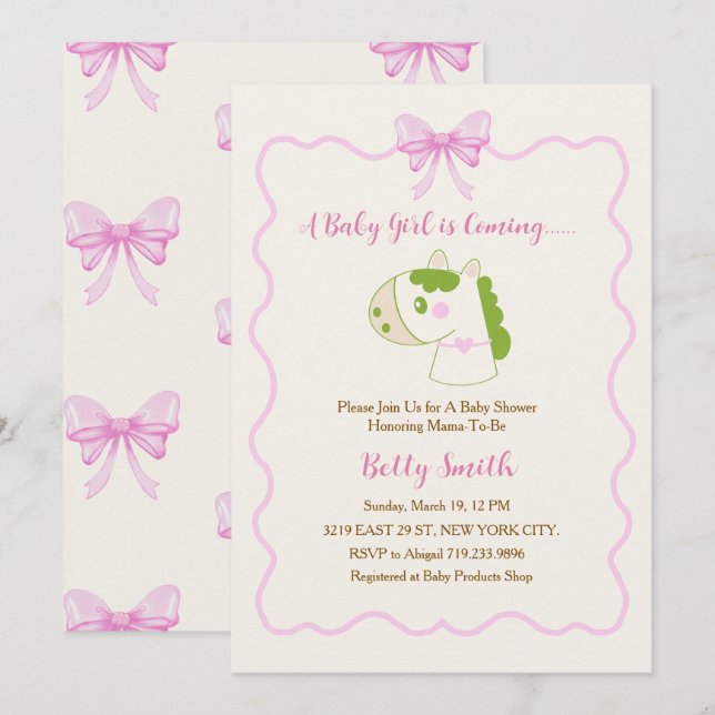 Convites Cute Horse Pink Bow Personalized Girl Baby Shower  (Frente/Verso)