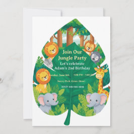 Convites Cute Jungle Safari Animals Leaf Shape 2nd Birthday