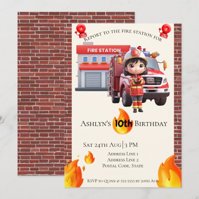 Convites Cute Kawai Fire fighter Girl Theme Birthday  (Frente/Verso)