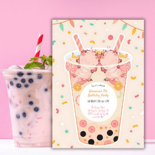 Convites Cute Kawaii Boba Bubble Tea Axolotl Aniversário