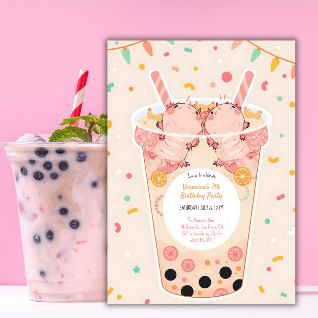 Convites Cute Kawaii Boba Bubble Tea Axolotl Aniversário (Bubble Tea Axolotl Birthday Invitation Cute Kawaii Boba Birthday Party Invite)