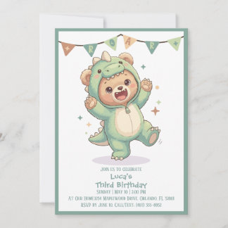Convites Cute Kawaii Dino Bear Party | 3rd Birthday