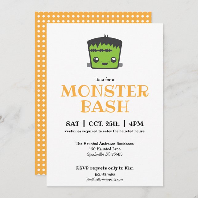Convites Cute Kawaii Frankenstein Monster Festa de Hallowee (Frente/Verso)