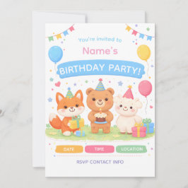 Convites Cute Kids Birthday Invitation | Pastel Animal Birt