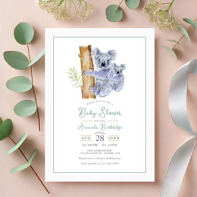 Convites Cute Koala Bear Eucalyptus deixa Chá de fraldas (Cute Koala Bear Eucalyptus Leaves Baby Shower Invitation)