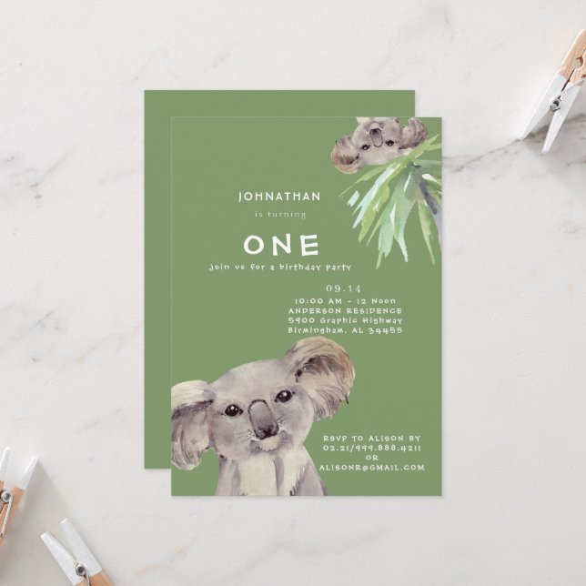 Convites Cute Koala Bear Saiu Comigo Aniversário (Frente/Verso In Situ)