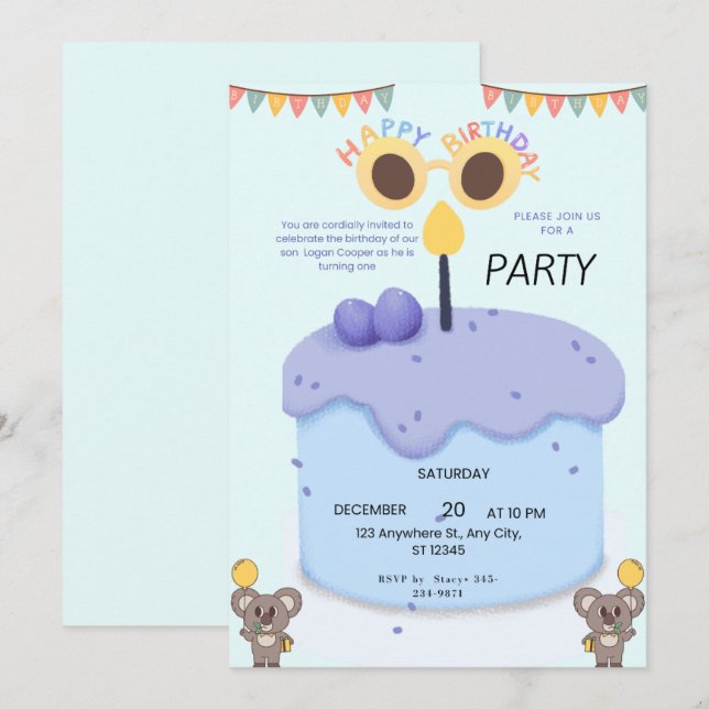 Convites Cute Koala First Birthday Invitation - Customizabl (Frente/Verso)