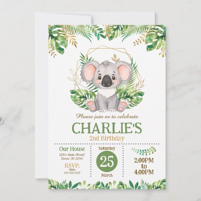 Convites Cute Koala Floral Sage Greenery 2nd Birthday (Frente)
