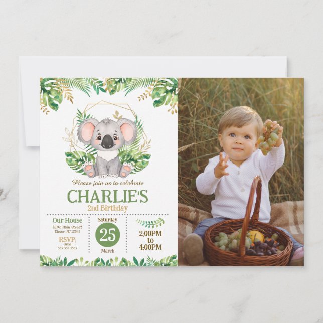 Convites Cute Koala Floral Sage Greenery 2nd Birthday Photo (Frente)