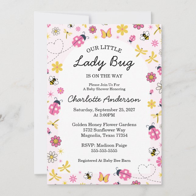 Convites Cute Lady Bug Pink Girl Baby Shower (Frente)