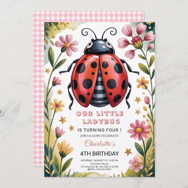Convites Cute Ladybug 4th Birthday Party (Frente/Verso)