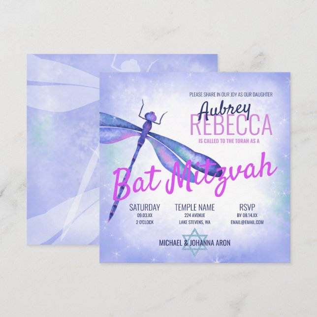 Convites Cute Light Blue e Rosa Bat Mitzvah Draglibélula (Frente/Verso)