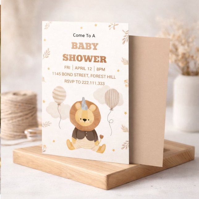 Convites Cute Lion Baby Shower Invitation | Neutral Safari  (Criador carregado)