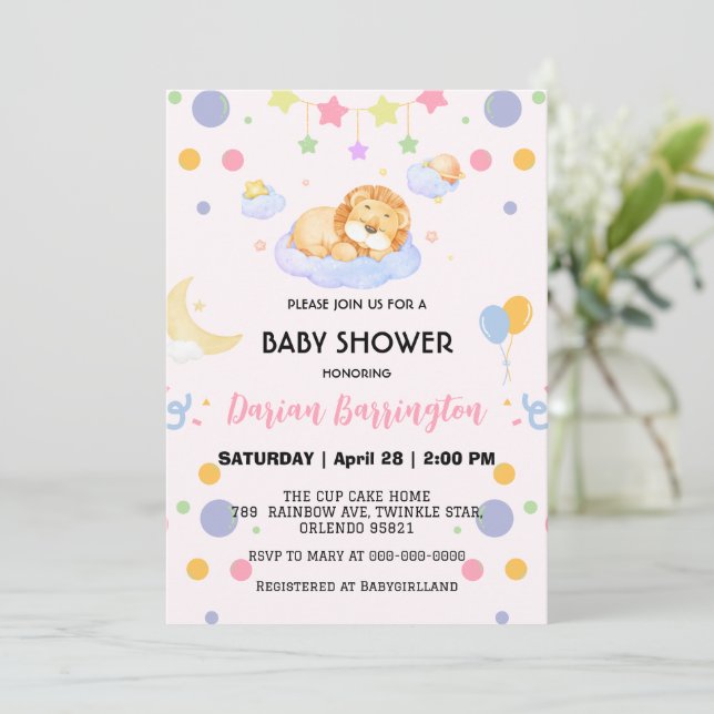 Convites Cute Lion chá de fraldas de balões da lua (Em pé/Frente)