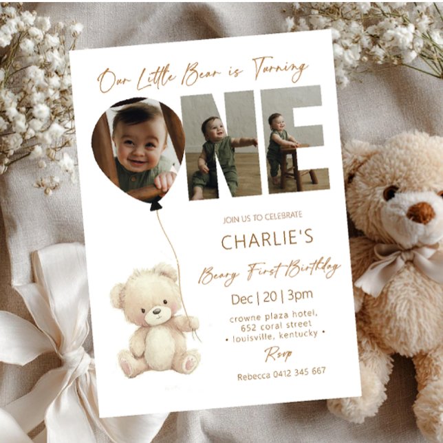 Convites Cute Little Bear Neutral with Photo 1st Birthday  (Criador carregado)