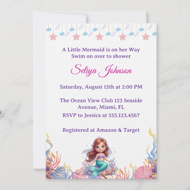 Convites Cute Little Mermaid Under the Sea Girl Baby Shower (Frente)