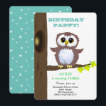 Convites Cute little owl & stars on teal kids Birthday<br><div class="desc">Convite de aniversário infantil com padrão de coruja marrom branca e estrelas em azul turquesa.</div>