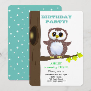 Convites Cute little owl & stars on teal kids Birthday