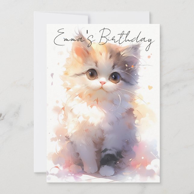 Convites cute little watercolor cat birthday (Frente)